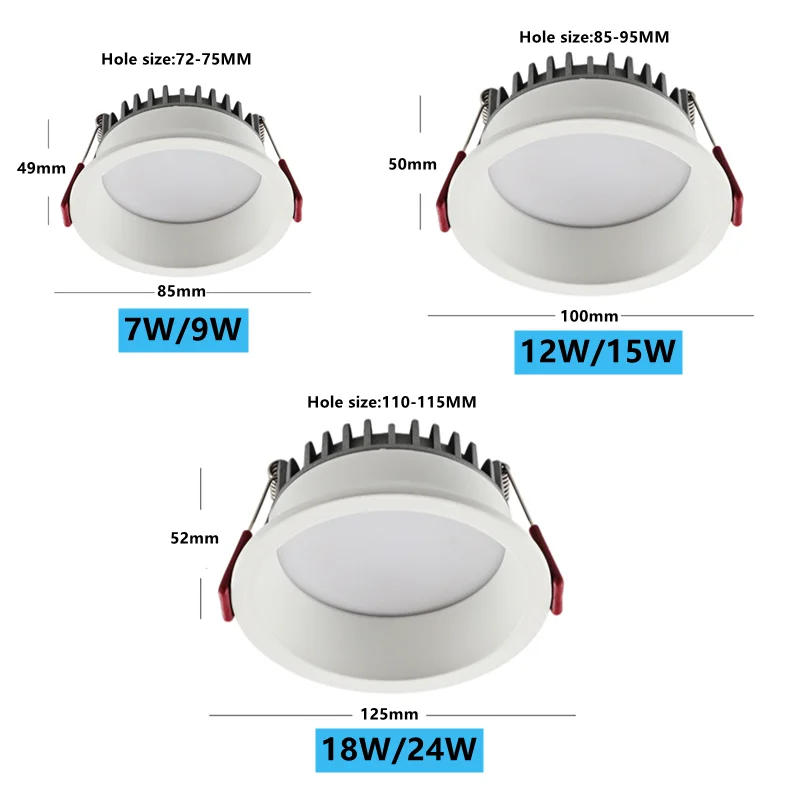 Description Picture 3 of itemDimmable Recessed Dimmable LED Downlights 7w 9w 12w 15w 18w 20w 24w Deep Anti-glare COB Ceiling Lamp Spot Lights AC90-260V