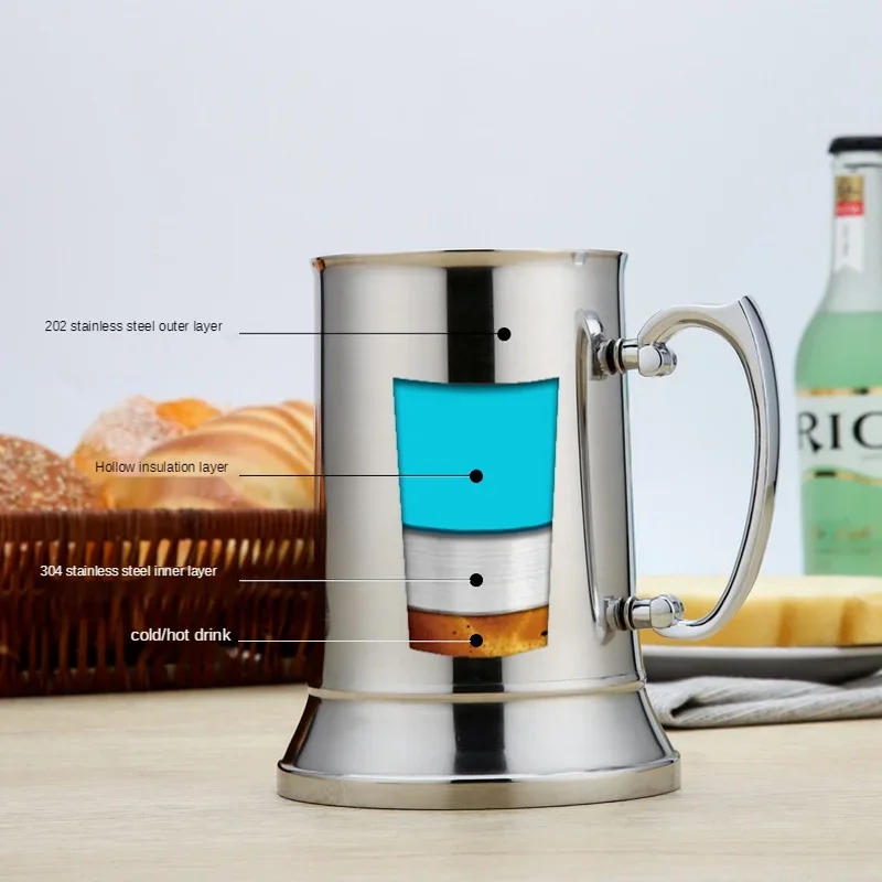 Description Picture 4 of item450/560ml Tankard Stein Double Wall Stainless Steel Beer Mug Cocktail Breakfast Milk Mugs with Handgrip Coffee Cup Bar Tools