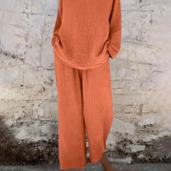 2025 Summer New Elegant Cotton Linen 2-piece Set V-neck Pullover Top Long Pant Set Women Casual Long Sleeve Loose Solid Outfits