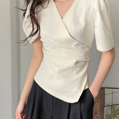 2024 Summer Short Sleeve Women Chiffon Blouse Shirt Korea Style Slim Irregular V Neck Woman Top Casual Asymmetry Female Clothing