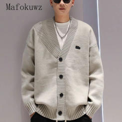 American Style Warm Personalized Solid V-neck Cardigan Sweater Winter Loose Casual High Street Sweaters Jackets Male Clothes