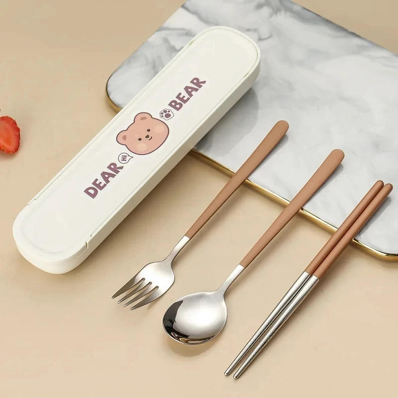 Description Picture 2 of item304 Stainless Steel Cartoon Cutlery Set with Case Kids Fork Spoon Portable Cutlery Travel Tableware Reusable Flatware
