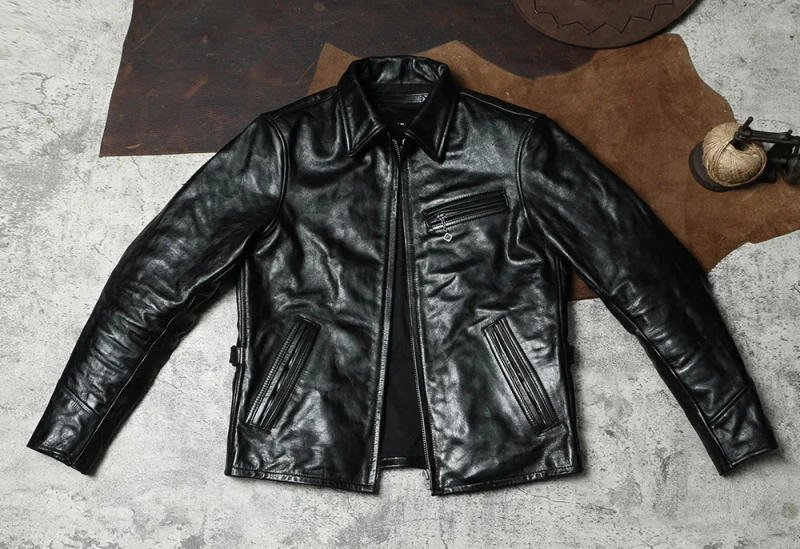 Description Picture 5 of itemshipping.sales.Japanese Free vintage cool men genuine leather coat.black wax tanned horsehide jacket.Motor Rider wear