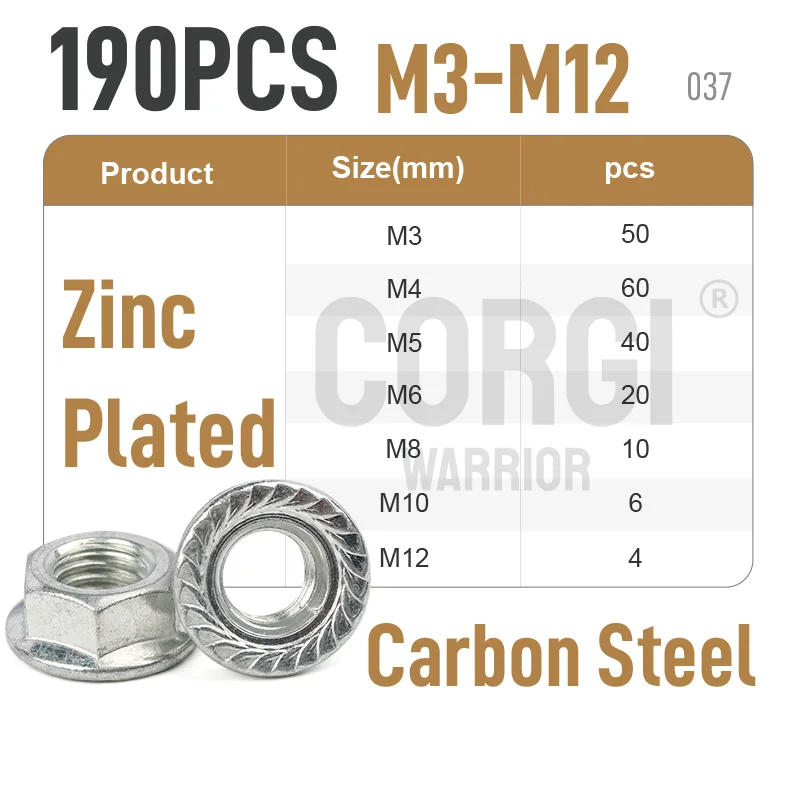 Description Picture 5 of itemZinc Plated Carbon Steel Serrated Flange Hex Lock Nuts Kit M3 M4 M5 M6 M8 M10 M12 87-190 304 Stainless Steel Serrated Flange Nut