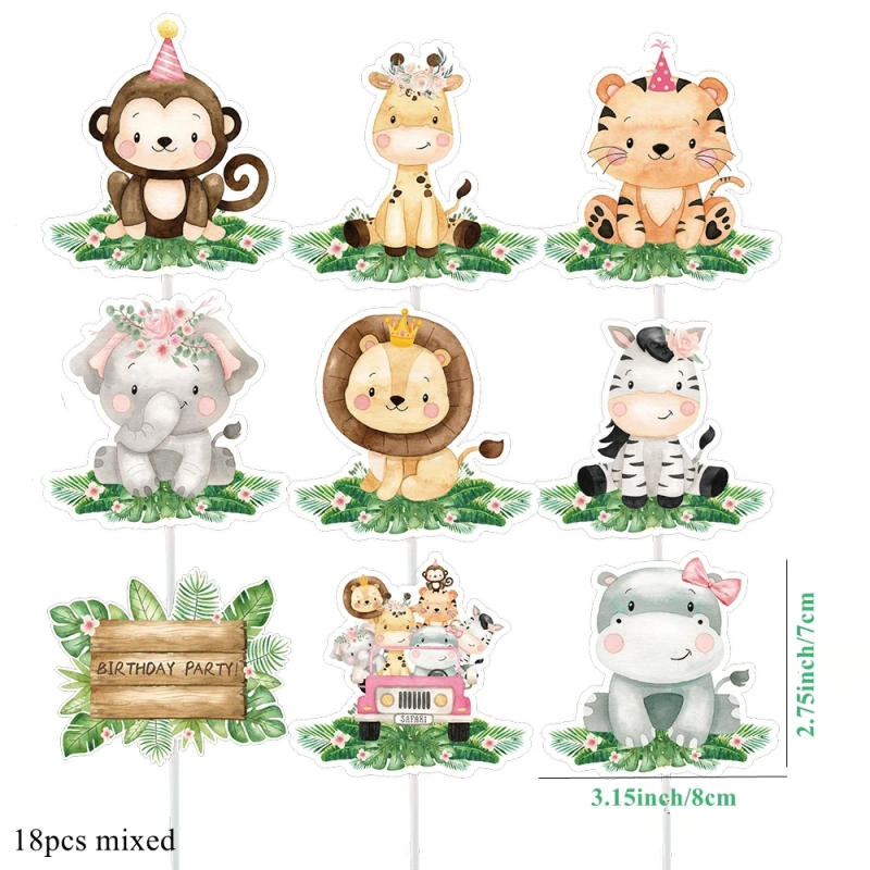 Description Picture 3 of item18pcs Carton Animal Cupcake Topper Pink Paper Toppers for Girl's Jungle Safari Birthday Party Cake Decoration DIY Cake Supplies