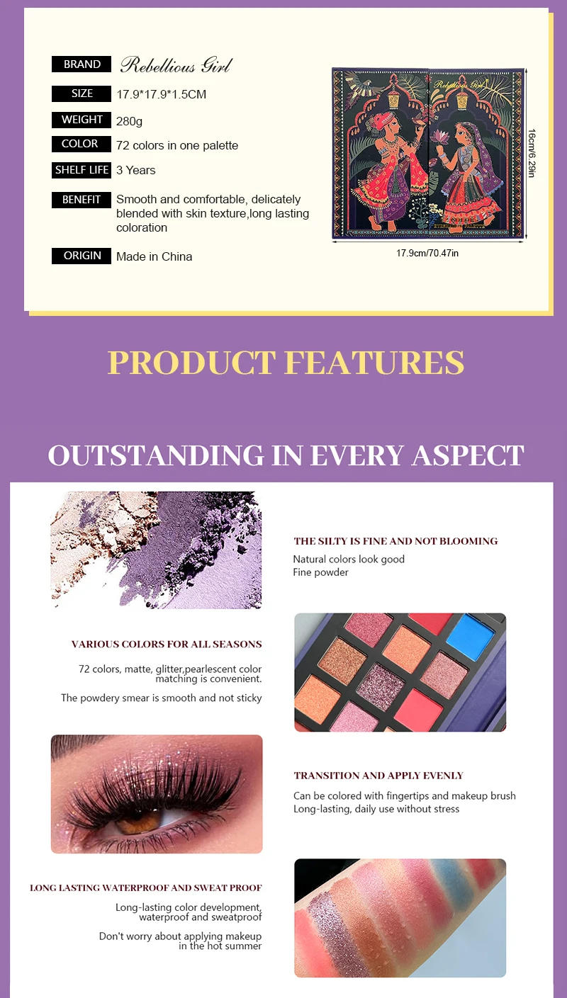 Description Picture 6 of item72 Color Eyeshadow Palette Color Board Shimmer Matte Nude Natural All In One, Carnival/Mardi Gras/Masquerade Makeup Cosmetics