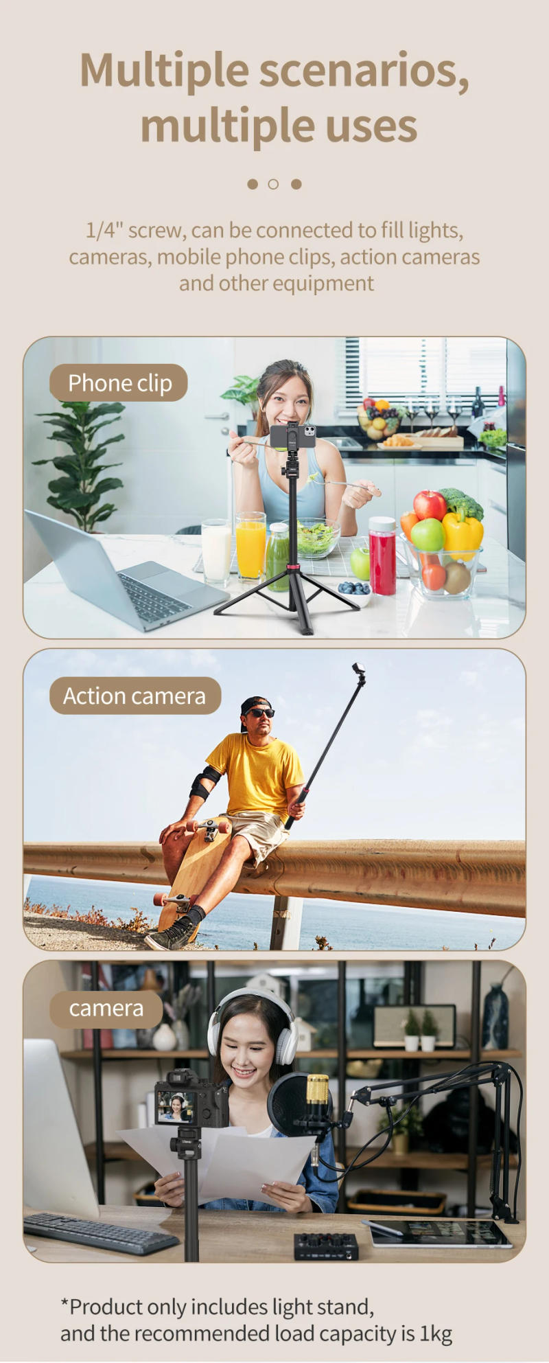 Description Picture 5 of itemULANZI MT-79 Extendable Aluminum Tripod, 81” Portable Adjustable Light Stand, 360° Ball Head Camera Phone Tripod
