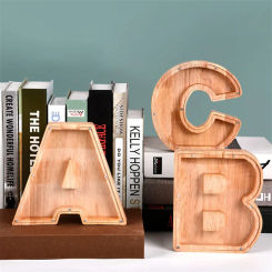 18cm Twenty-six Letter Piggy Bank Wooden Coin Money Saving Box Jar Coins Storage Box Desktop Ornament Home Decor Craft Xmas Gift