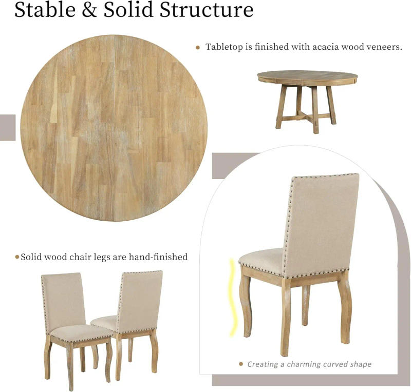 Description Picture 5 of item5 Piece Round Farmhouse Wood Dining Table Set with 4 Upholstered Chairs,Extendable Restaurant Furniture,for Kitchen Dinette