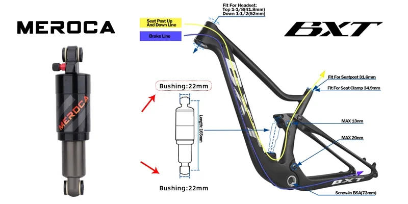 Description Picture 6 of itemMEROCA Mountain Bike Air Shock Absorber 125mm/150mm/165mm/190mm/200mm Scooter Alloy MTB Folding Bicycle Rear Shock Bicycle Parts