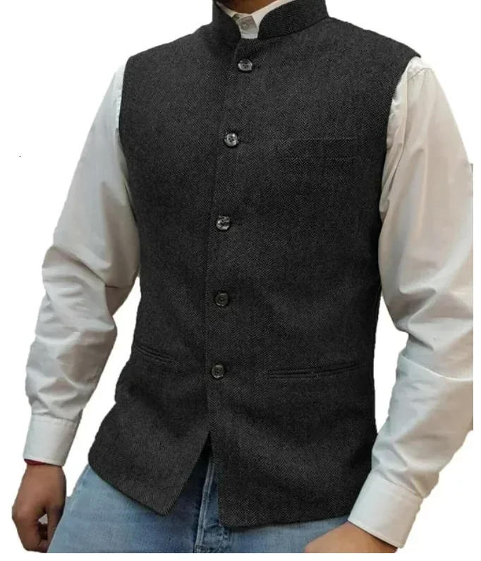 Description Picture 3 of itemMens Suits Blazers Suit Vest Brown Herringbone Wool Tweed Standup Collar Slim Fit Waistcoat Groom custom vest For Men Wedd