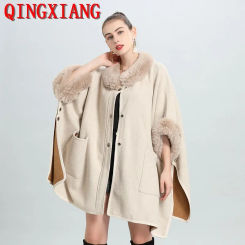 Women Faux Cashmere Cardigan Wear Rabbit Fur O Neck Cape Poncho Winter Thick Batwing Sleeves Loose Buckle Coat With Pocket