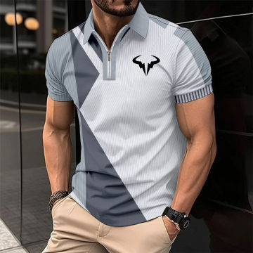 New POLO shirt Color contrast 3D design men's short sleeve Rafael Nadal print Brand Fitness running lapel T-shirt men's clothing