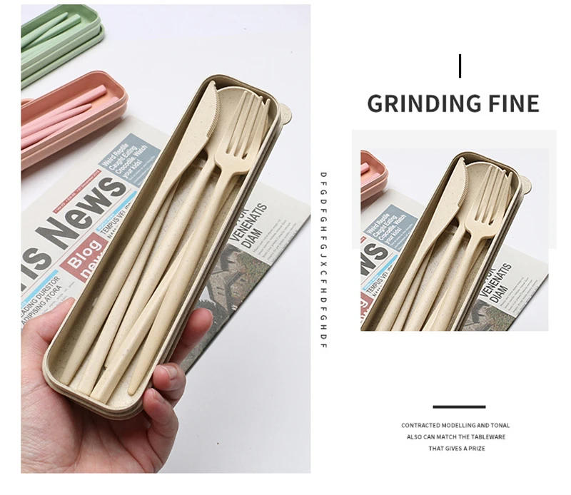 Description Picture 3 of itemCutlery Tableware Spoon Fork Chopsticks Safe Wheat Straw Dinnerware With Box Portable Travel Use Kitchen Accessories 4PCS/Set