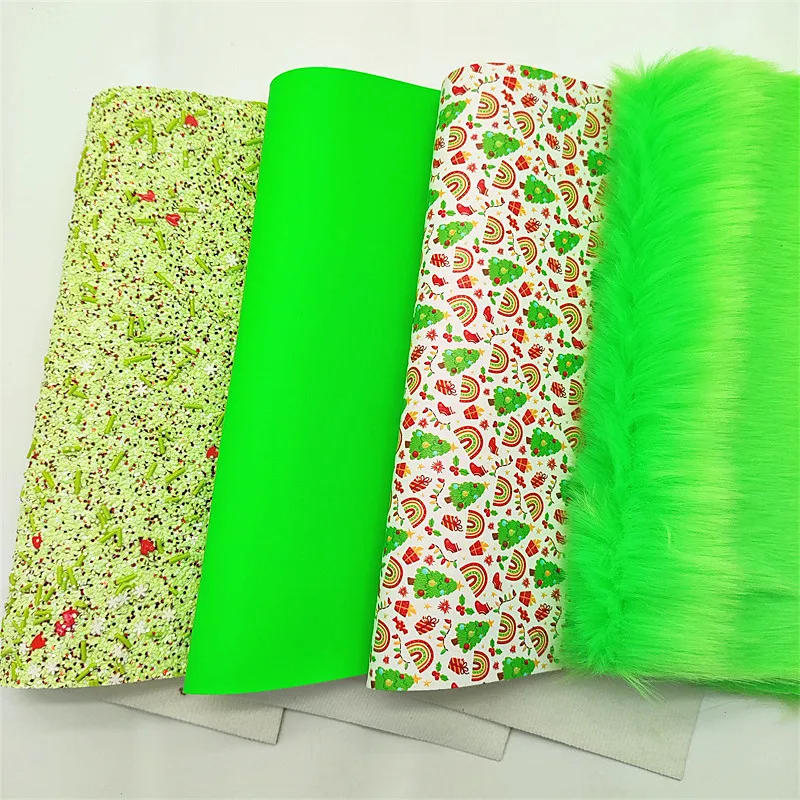 Description Picture 3 of itemGreen Glitter Leather with Heart Sprinkles Rainbow Christmas Tree Printed Synthetic Leather Fur Fabric For Bow DIY 21x29CM Q1638