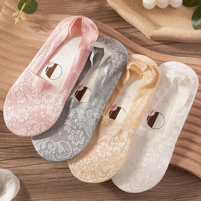 Description Picture 3 of item5Pairs Lace Flower Short Socks Women Summer Silicone Non-slip Ankle Socks Invisible Slipper Cotton Hollow Socks Female