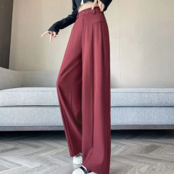 2025 New Spring Summer Red Loose Women's Wide Leg Full Pants High Waist Solid Female Elegant Straight Casual Trousers