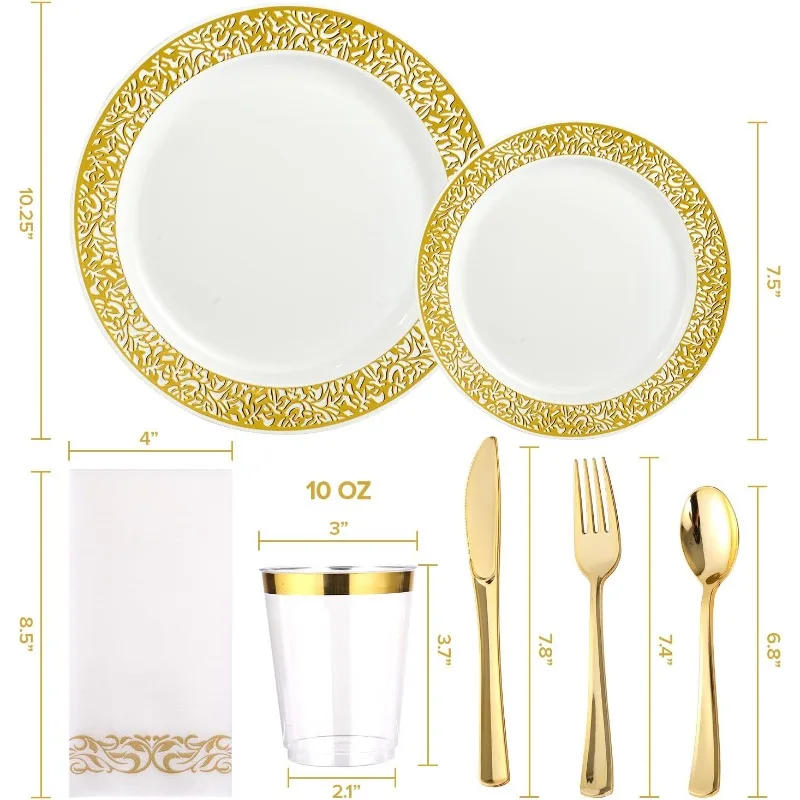 Description Picture 4 of item175 Dinnerware Set for 25 Guests, Plastic Plates with Lace Rim Design, Disposable Dinner Plates, Dessert Plates, Cups,Napkins