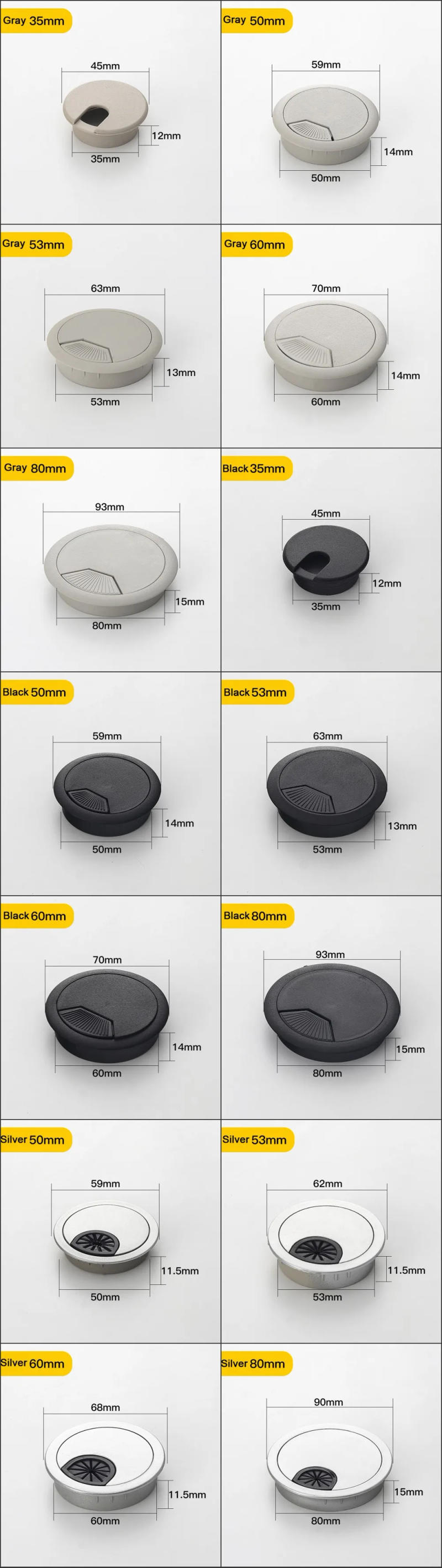 Description Picture 2 of item1/2/5/10pcs 35/50/53/60/80mm PC Computer Desk Plastic Grommet Table Cable Tidy Wire Hole Cover Cap Plug