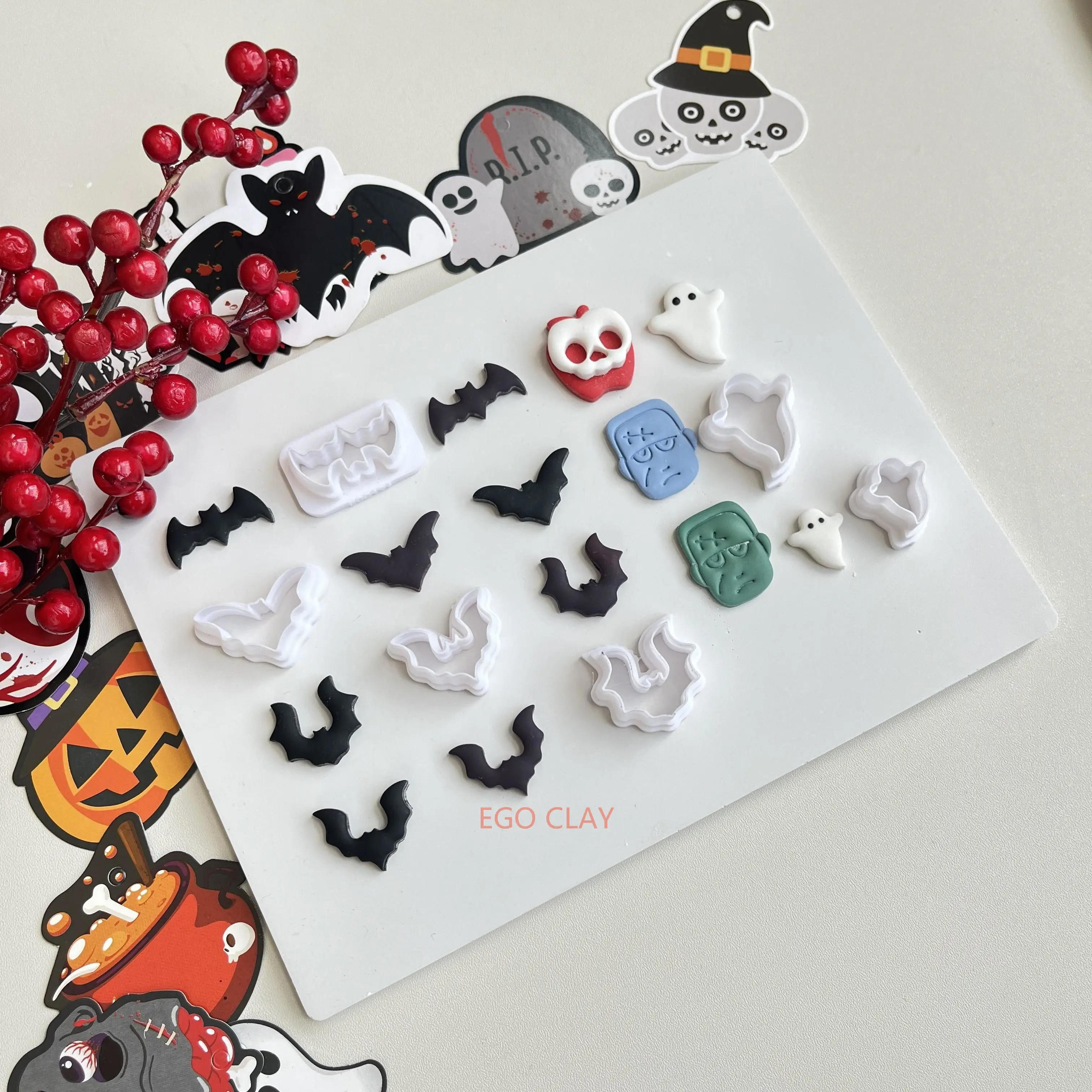 Description Picture 2 of itemHalloween series different ghost bat shape clay cutting mold DIY earrings jewelry earrings gift making polymer clay mold
