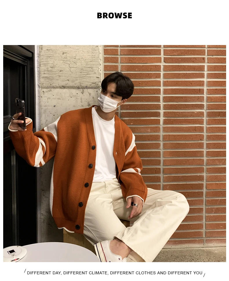Description Picture 5 of itemKnitted Cardigan Men Contrast Color Korean Style Temperament Handsome Single Breasted Leisure Cozy Sweaters Soft Streetwear 2023