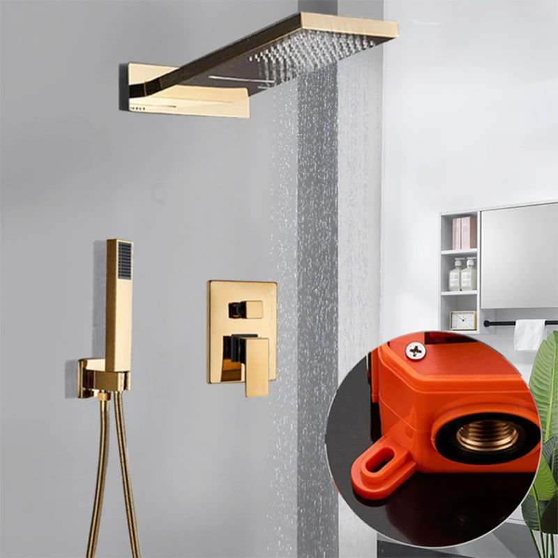 Description Picture 6 of itemGold Rainfall Shower Faucets Wall Mount 3 Function Waterfall Shower Head Shower Set With Handshower Concealed Shower System