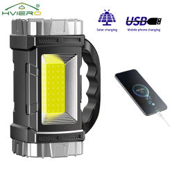 Solar Portable Flashlight LED Searchlight Handheld USB Charging Waterproof COB Side Lamps Outdoors Fishing Hiking Camping Lights
