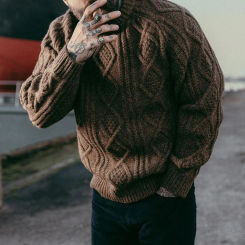 Men Round Neck Sweater Autumn And Winter New Thickened Solid Color Warm Long Sleeved Sweater American Retro Knitted Pullover