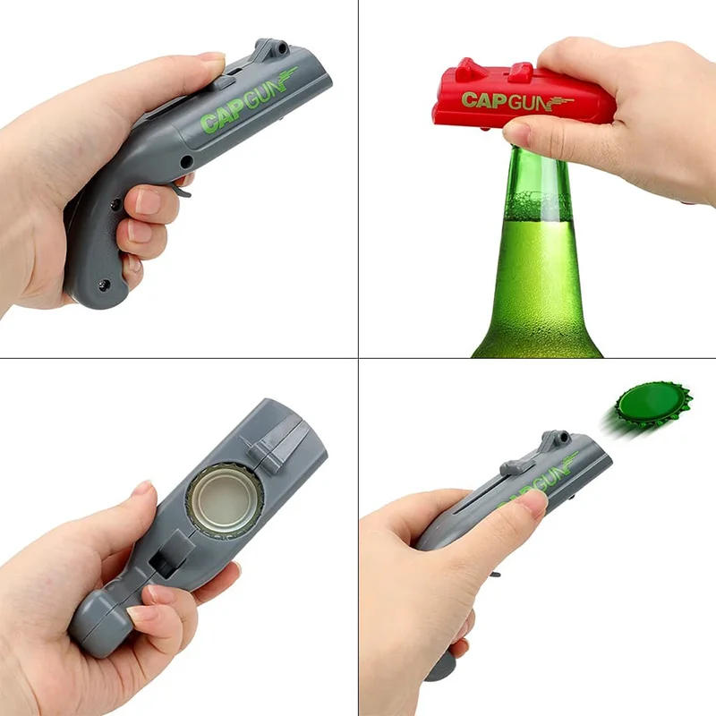Description Picture 5 of itemCreative Can Opener Spring Cap Catapult Launcher Gun Shape Bar Tool Drink Opening Shooter Beer Bottle Opener Kitchen Gadget Set
