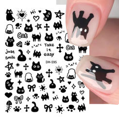 Lovely Black Cat Stickers For Nails Cartoon Childlike Graffiti Animals Kawaii Heart Star Bowknot Nail Art Decals Manicure Decor