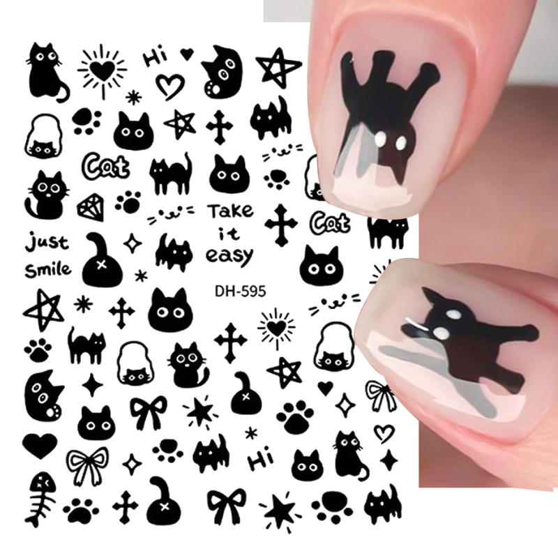 Description Picture 3 of itemLovely Black Cat Stickers For Nails Cartoon Childlike Graffiti Animals Kawaii Heart Star Bowknot Nail Art Decals Manicure Decor