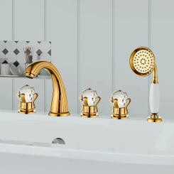 Gold Bathtub Faucet Set Widespread Tub Sink Mixer Tap  Brass Crystal Bathroom Bath Shower with Hand shower Head