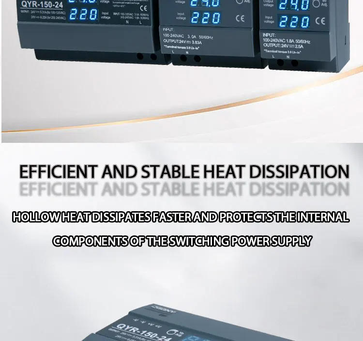 Description Picture 3 of itemQYR-60W 100W 150W DIN Rail Switching Power Supply AC-DC 12V 24V with Digital Display Step Shape Industrial for LED Light Strip
