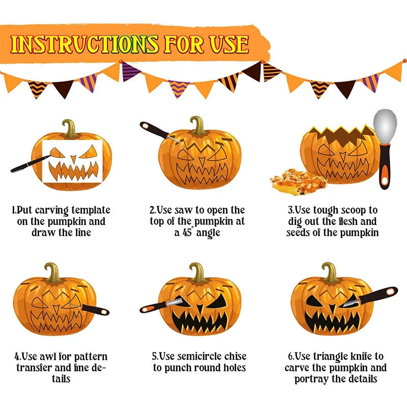 Description Picture 3 of item7pcs Pumpkin Carving Kit Tools Halloween Pumpkin Carving Tool Set Stencils Pumpkin Cutting Supplies Engraving Kitchen Cutting