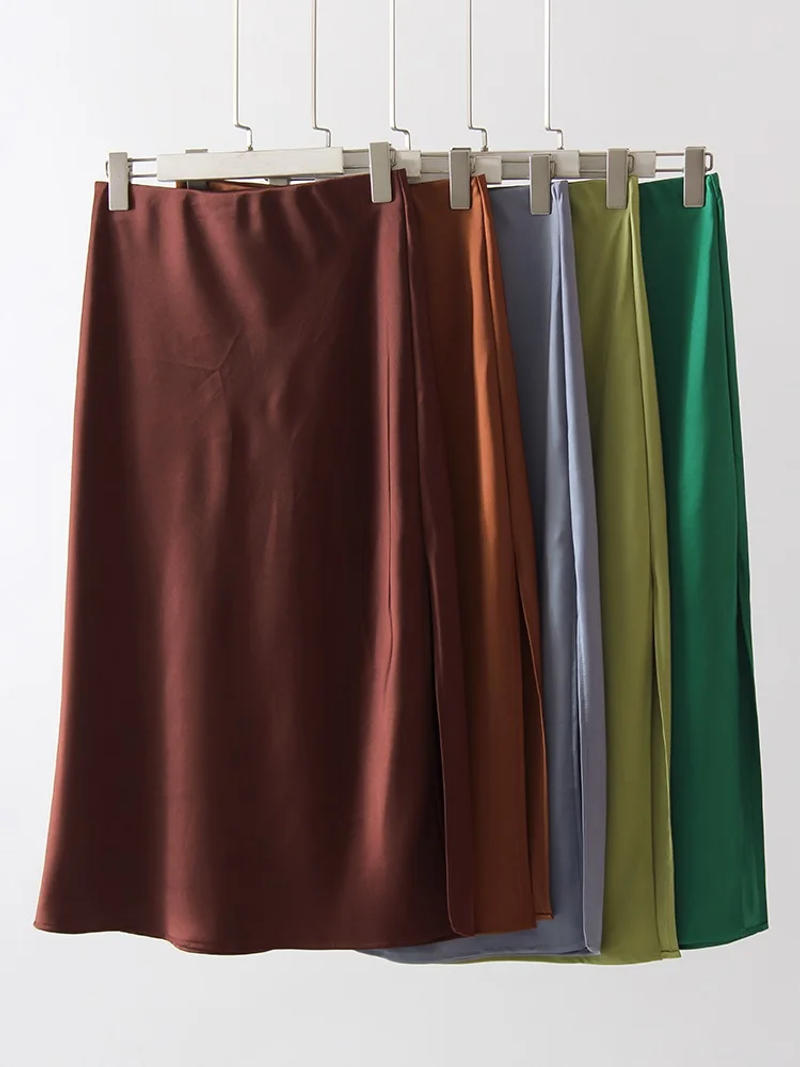 Description Picture 6 of itemMidi Satin Skirts Women Luxury Summer Black Formal Silk Office Skirt With Slit A Line Green Midi Skirt Burgundy Women Elegant