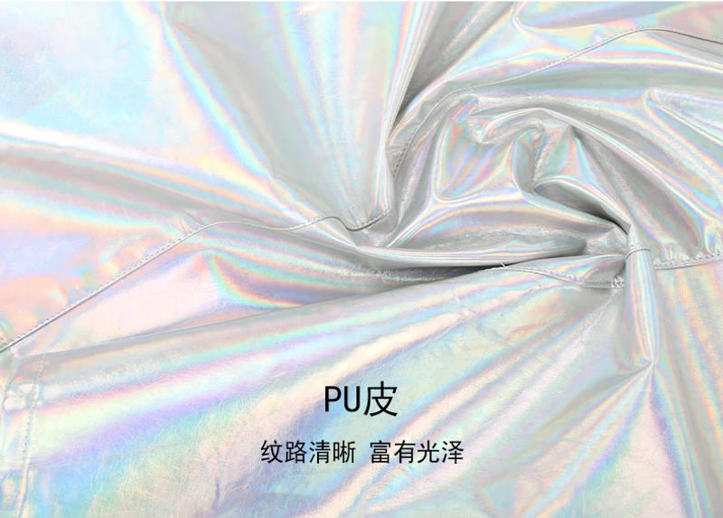 Description Picture 4 of itemNerazzurri Autumn Extra Long Windproof Waterproof Shiny Reflective Silver Holographic Patent Faux Leather Coat Women with Hood