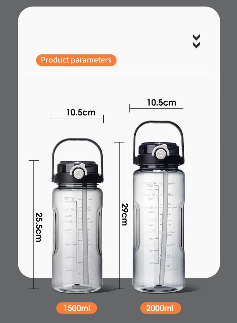 Description Picture 5 of item1.5/2 Liter Sport Straw Water Bottle with Time Scale Plastic Summer Cold Juice Water Cup Large Capacity Portable Water Bottles