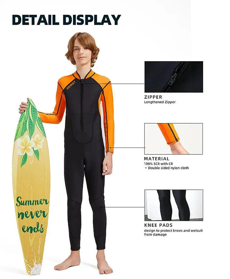 Description Picture 6 of itemDEMMET Stylish Youth Wetsuit 1.5/3mm CRSC Neoprene Dive Suit for Boys Spring Surf Suit Diving Rash Guard Surfing 6-16 year