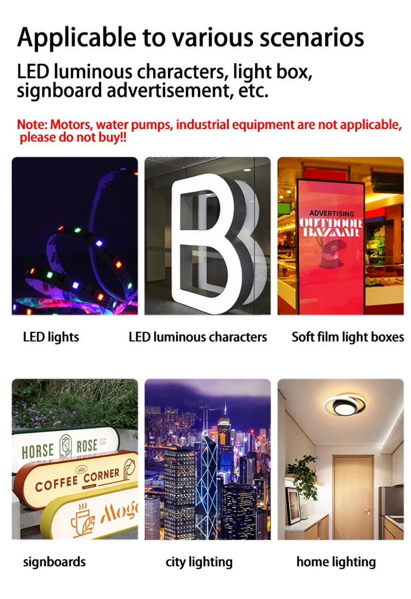 Description Picture 3 of item12V 24V NEW LED Power Supply AC to DC Transformer 60W 100W 200W 300W 400W Super Thin Converter for LED Strip Light Bulb Driver