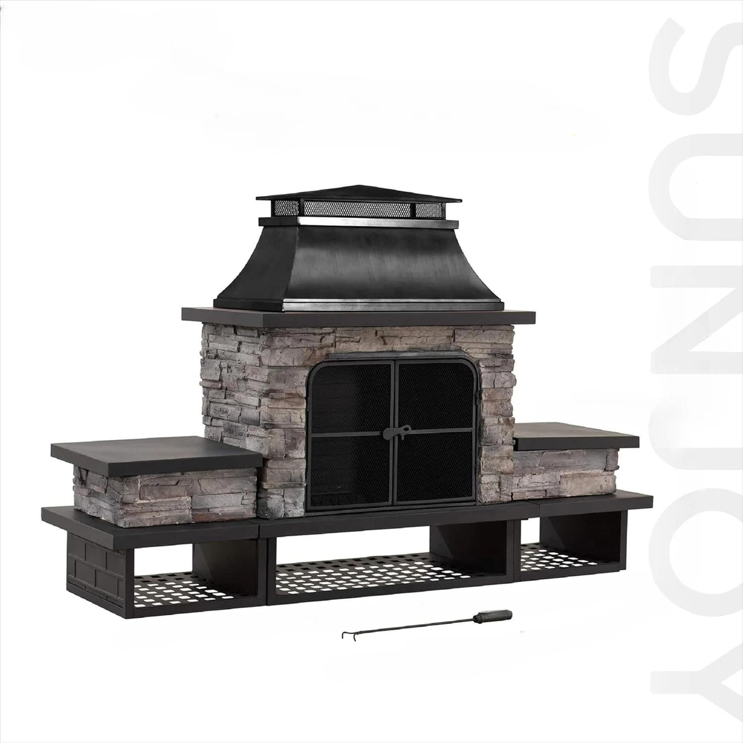 Description Picture 2 of itemOutdoor Fireplace Patio Wood Burning Fireplace with Steel Chimney Mesh Spark Screen Doors Fire Poker and Removable Grate