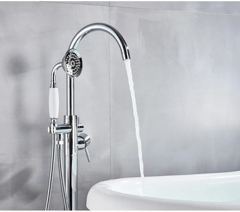 Description Picture 5 of itemChrome White Floor Mounted Bathtub Faucet Bathroom Freestanding Bath Tub Shower Set Swivel Spout Faucet Clawfoot Mixer