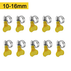 10pcs 10-38mm Adjustable Yellow Plastic Handle Hand Wriggle Hose Clamps Worm Driving 201 Stainless Steel Pipe Clips For Tube