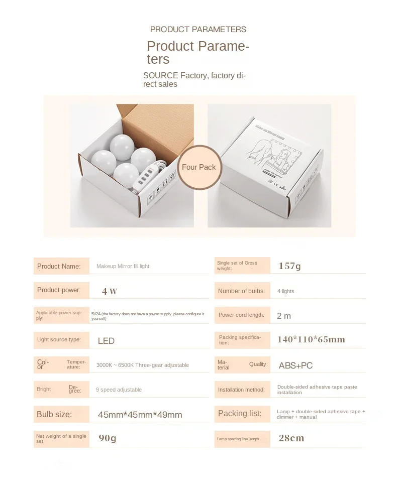 Description Picture 2 of item6/8/10 Bulbs Makeup Mirror Light Led Touch Dimming Vanity Dressing Table Lamp Bulb USB Make Up Mirror Wall Lamp