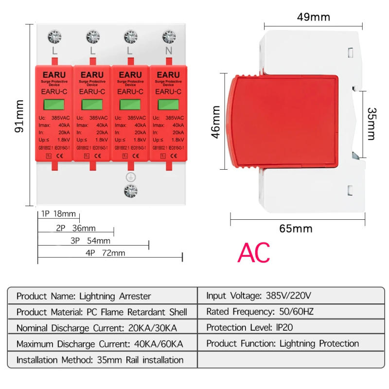 Description Picture 2 of itemPower Surge Protective Device SPD Arrester Low Voltage House 1/2/3/4 Pole Surge Voltage Protection DC 500V 800V 1000V 40KA 60KA