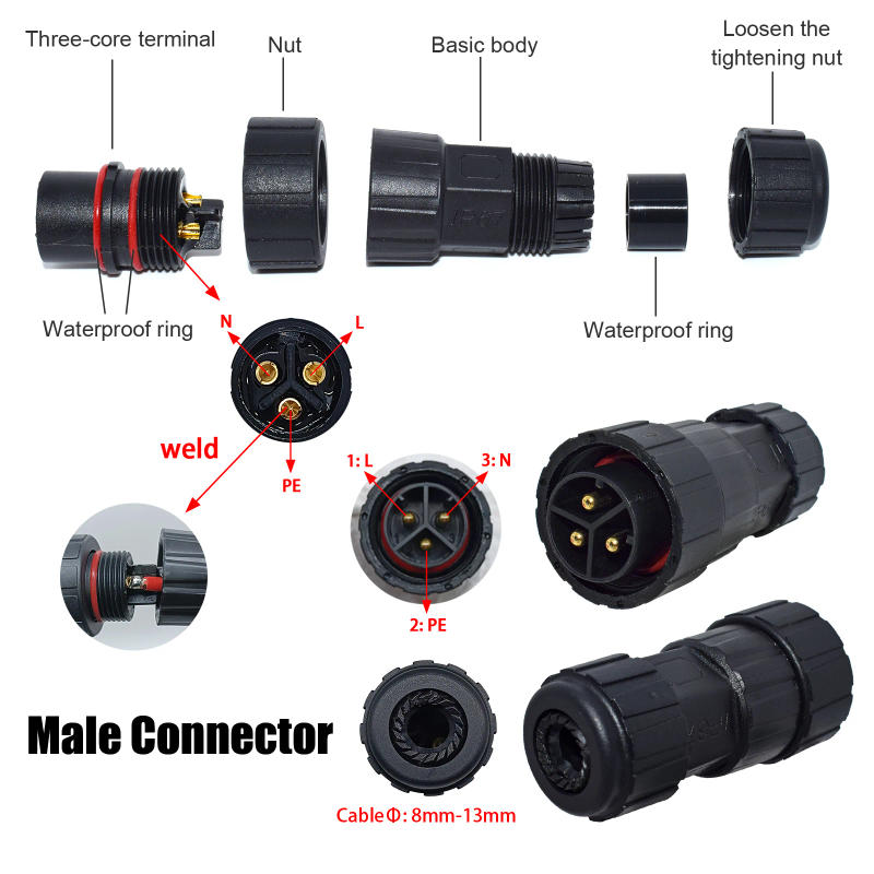 Description Picture 4 of itemM25 Connector Male Female Wire or Panel Mount 3Pin Welding Power Plug Waterproof for WVC600W-2800W Solar Grid Tie Micro Inverter