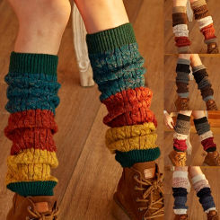 Women Winter Twist Cable Knit Leg Warmers Triple Colorblock Stitching Boot Cuffs Cover Faux Wool Warm Over Knee Socks