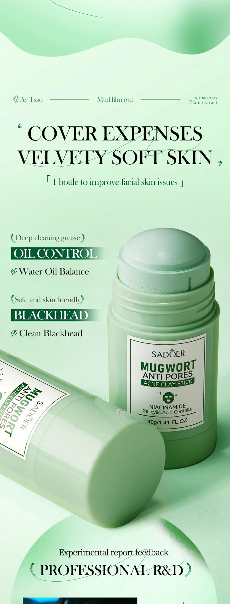 Description Picture 4 of itemSADOER Mugwort Solid Facial Mask Stick Clay Mud Masks Pore Cleaning Remove Blackhead Oil Control Moisturizing Face Mask Clay