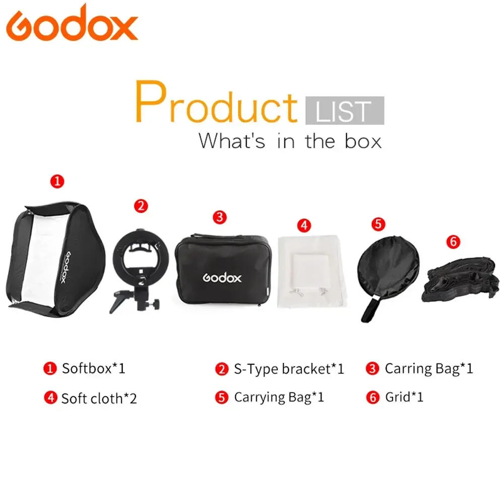 Description Picture 3 of itemGodox 40x40 50x50 60x60 80x80cm Softbox with S1 S-Type Bracket Honeycomb Grid Bowens Mount Flash Bracket Mount Foldable Softbox