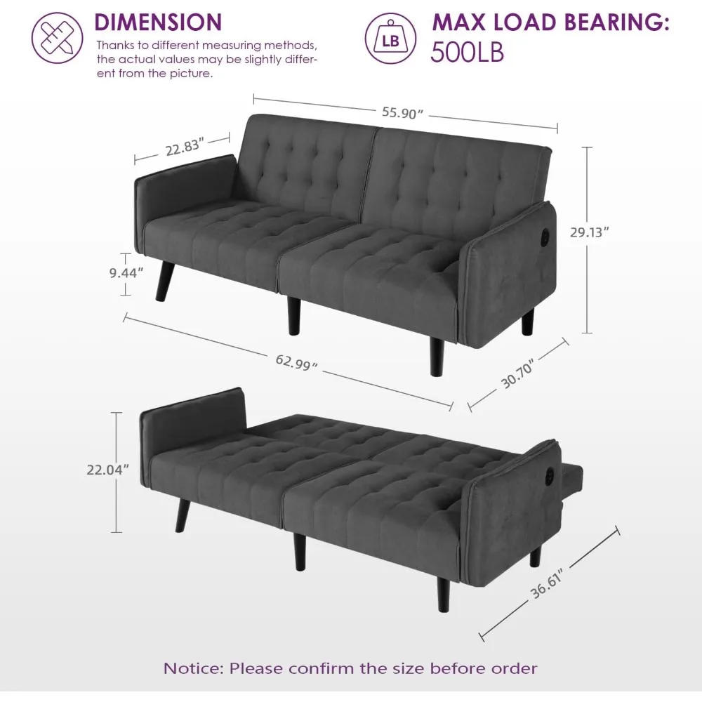 Description Picture 6 of item65 inch convertible futon sofa bed with 2 x USB, fabric quilted adjustable fold-out sofa love seat, modern mid-century sofa bed
