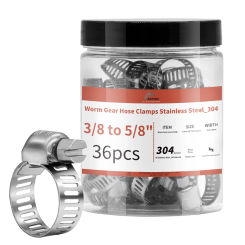 36pcs 3/8'' - 5/8'' Worm Gear Hose Clamps Adjustable Range 10-16mm 304 Stainless Steel Fuel Line Hose Clamps for Pipe Plumbing